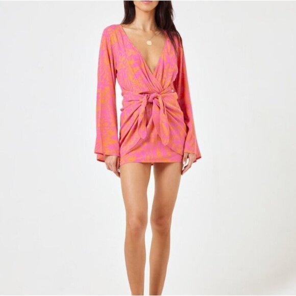 L*Space Pink Kristy Long Sleeve Faux-Wrap Cover-Up Dress Tie Front XL (A-10) - Picture 1 of 12